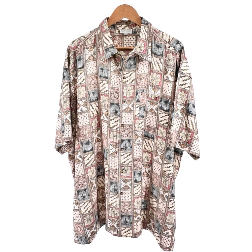 Vtg King Size Mens Button Up Shirt Sz 2XB Mixed Patchwork Print Earth Tones